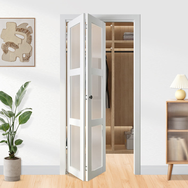 Porte de grange pliante en verre givré pliable 3-Lite avec trousse de quincaillerie d'installation, 36 po x 80 po, Blanc
