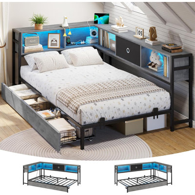 Corner Bed Frame with Storage Drawers and Bookcase Headboard, Twin XL Size Daybeds with Charging Station and LED Lights, Twin XL Metal Platform Beds for Bedroom, Living Room