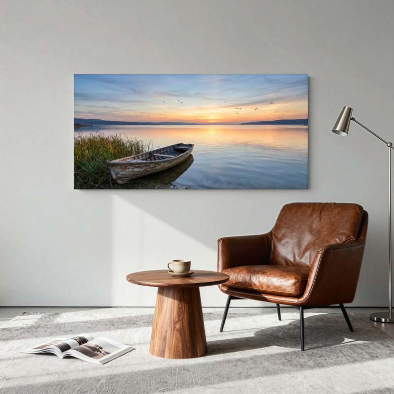Ensemble de 1 tableau sur toile représentant un bateau au coucher du soleil, 32“W x 16”H, Wrapped Canvas