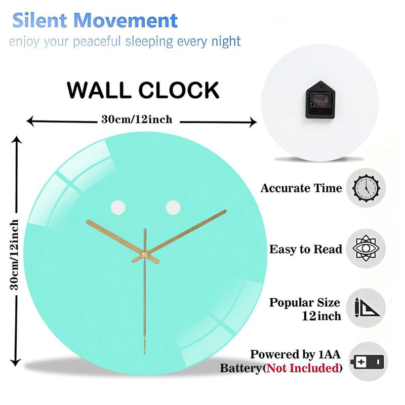 Horloge murale 12 po ronde en verre trempé avec mouvement à quartz silencieux, Vert menthe