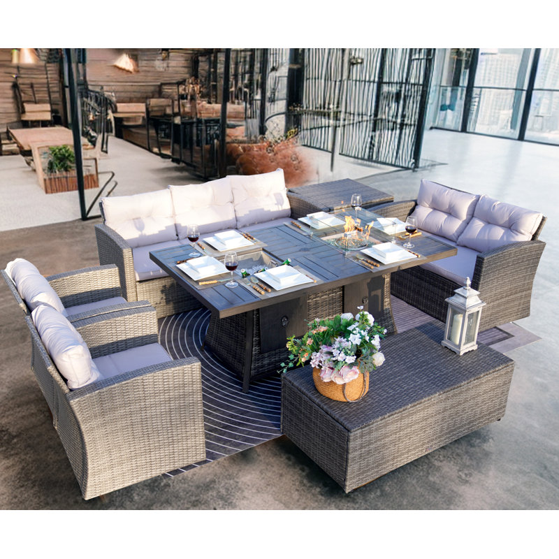 Moda 70 In. X 39 In. X 27 In. Rectangular Wicker Outdoor Gas Fire Pits Dining Set, Grey