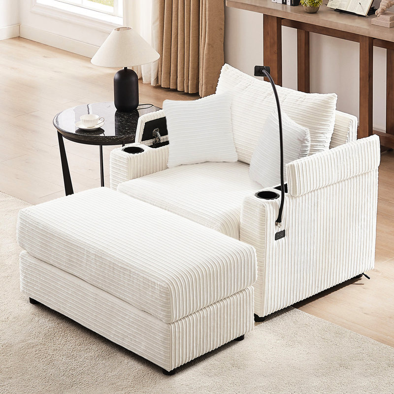 Beige Couch With Storage Space & Mobility. Movable , 2 Ports, Cup Holders, Phone Holder. Comfortable Living Room Hidden Ports. , Cups, Phone. Soft Corduroy, Thick Seat Cushion