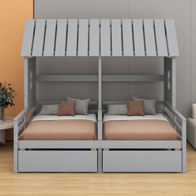 Lit plateforme simple avec 2 tiroirs, combinaison de 2 lits simples placés côte à côte