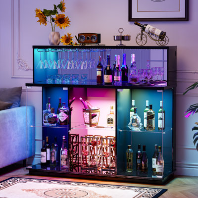47"H Bar Cabinet with RGB Snsor Lights, Charging Station and Removable Wine Racks (No Fridge)