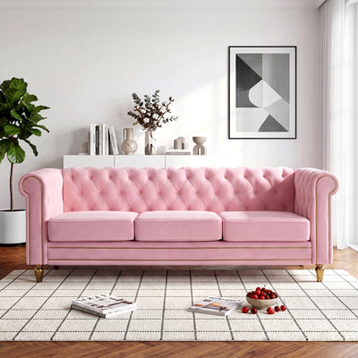 84.6" Velvet Chesterfield Sofa, 3-Seater Living Room Sofa With Metal Legs