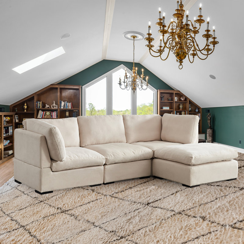 Eugenija 99"W Down Filled Modular Sectional, Beige Polyester