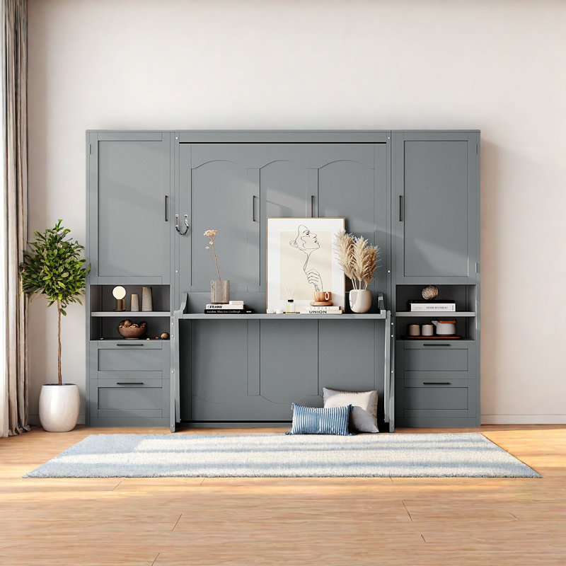 Lit escamotable double pleine grandeur avec placard, tiroirs et tablettes, Gris