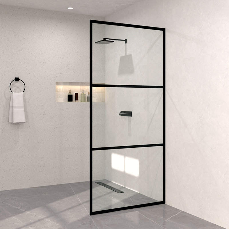 Hilma 34 In. W X 72 In. H Fixed Framed Shower Door In Matte Black Finish With Patterned Glass