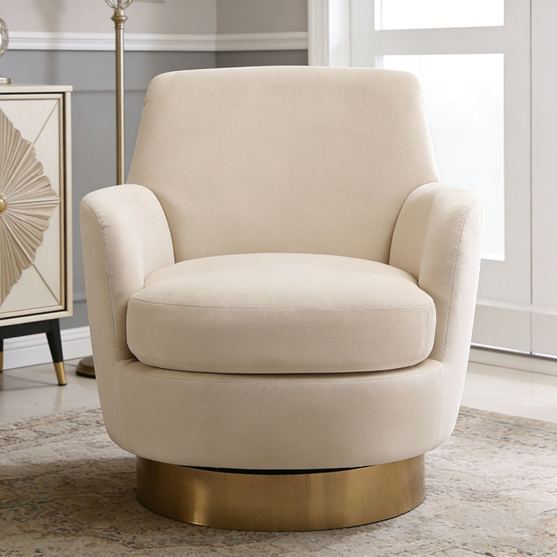 Fauteuil demi-tonneau pivotant en velours, fauteuil d'appoint pivotant, Velours beige 1