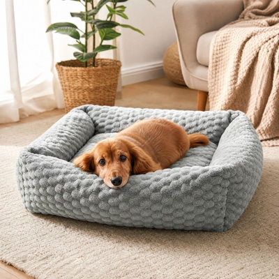 Dog Bed Textured Short-Pile Pet Bed 50x45x15cm Raised Edges with Grip Base In Light Gray Cat Bed