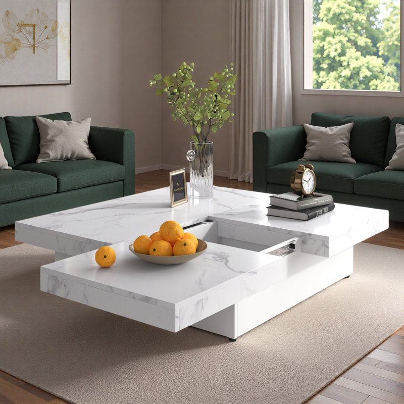 Table basse carrée en placage avec plateau coulissant et grand espace de rangement
