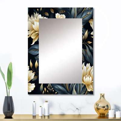 «Barsallo» beige et bleu Dahlia Retreat - décor de miroir mural floral unique, grand miroir floral, impression d'art en métal