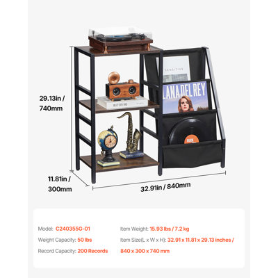Support pour platine vinyle avec station de recharge et ports USB, pouvant contenir jusqu'à 200 disques, meuble à 3 niveaux avec rangement pour vinyles, table d'exposition pour chambre ou salon.