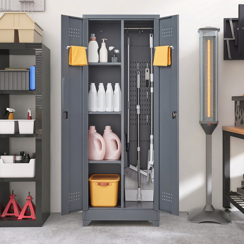 Broom Storage Cabinet With Locking Doors And Shelves, 65" H Metal Storage Cabinet With Hanging Rod & S-Hooks, Cleaning Tool Storage Cabinet