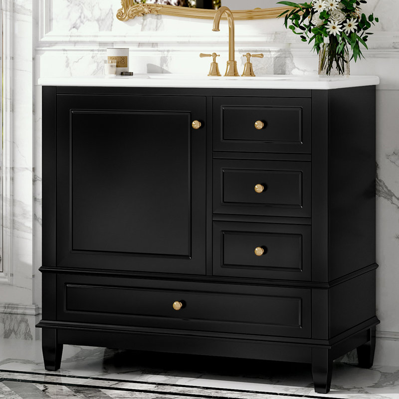 Meuble-lavabo avec lavabo en céramique, 3 tiroirs et armoire avec tablettes, Noir