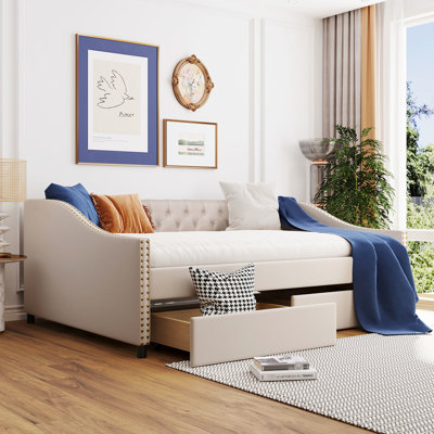 Daybed With Two Drawers In Soft Beige & Wood Slat Construction - Bring A Tranquil Vibe To Your Bedroom And Stable Structure Make Home More Stylish