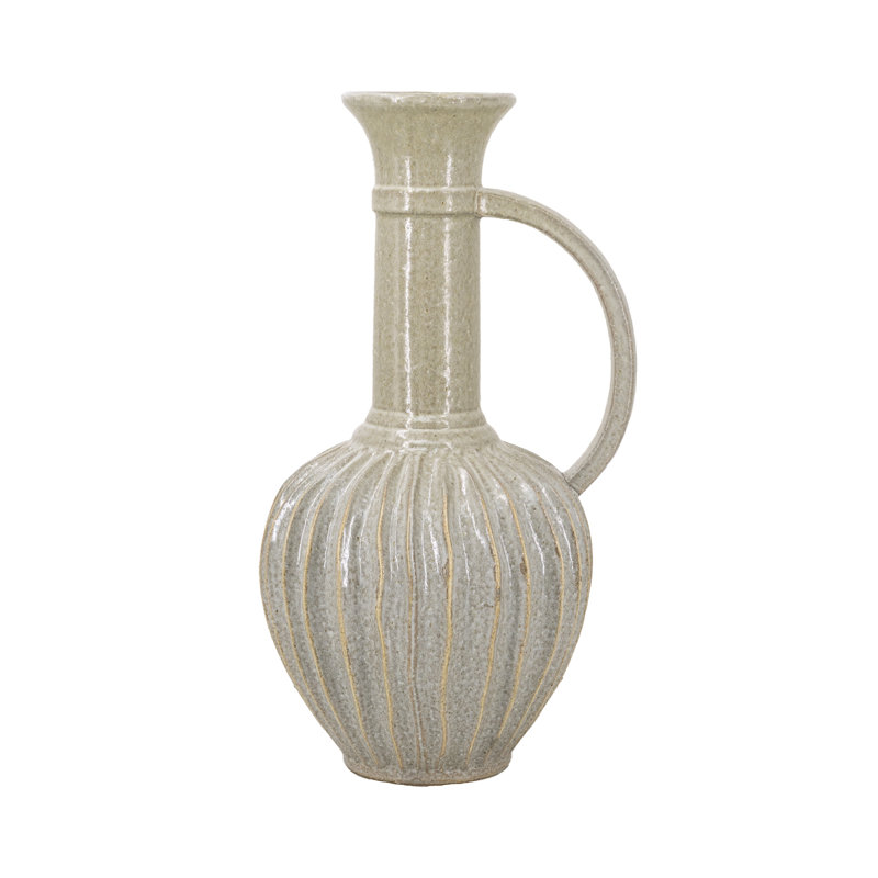 Decorative Round Ceramic Jug with Textured Ridged Design and Handle - 10.5" x 9.5" x 19" - Gold
