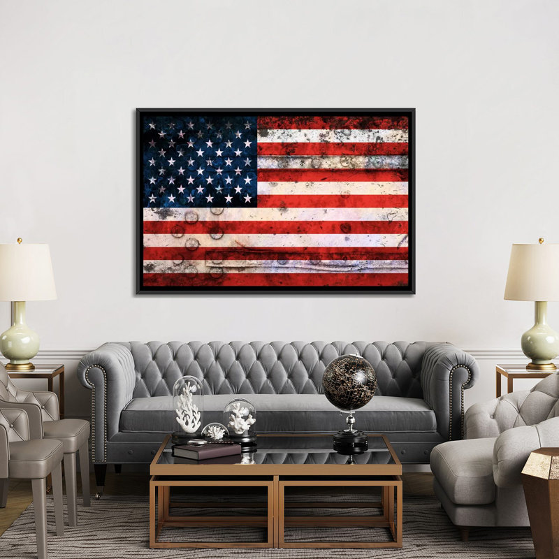 « flags u.s.a. grunge », impression sur toile, H 18 po x l 26 po x P 1,5 po, Toile avec cadre noir, Pas de tapis