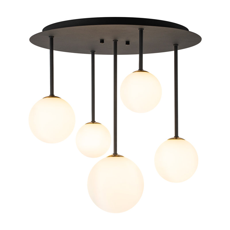 5-Light Semi-Flush Mount Ceiling Light, Modern Matte Black Frame With White Globe Glass Shades, Customizable Rod Configuration, UL Listed (Bulbs Not Included)