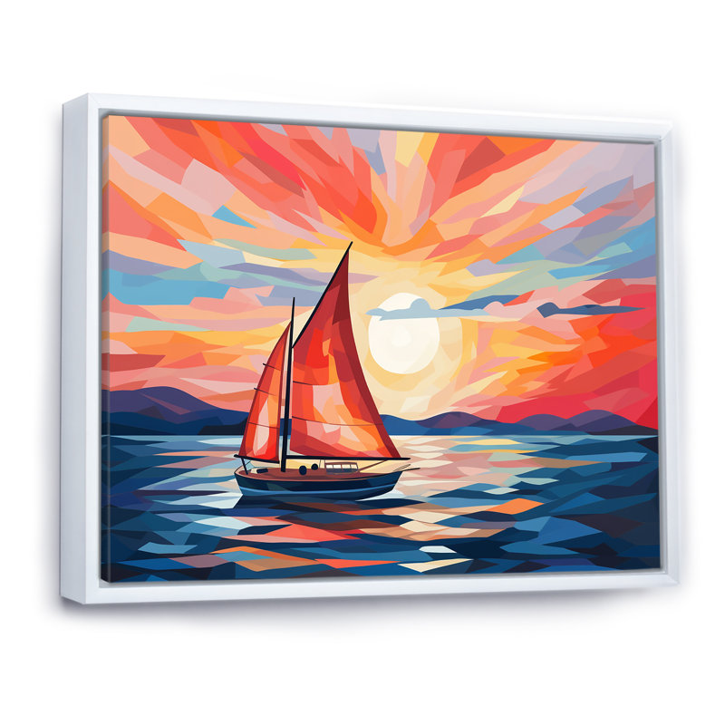 Coucher de soleil sur un bateau à voile II - bateau à voile, art mural, Cadre flottant blanc, H 34 po x l 44 po x P 1,5 po