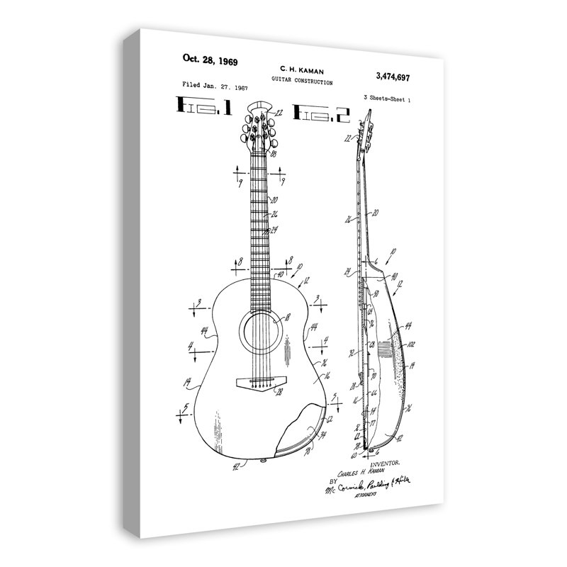 « rétro guitare, brevet d’esquisse », impression sur toile