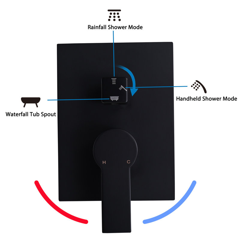 Ensemble de fabrication d'appareil de douche en acier inoxydable de 12 pouces, noir mat, fixé au mur avec ensemble de douchette de baignoire à main et cascade,