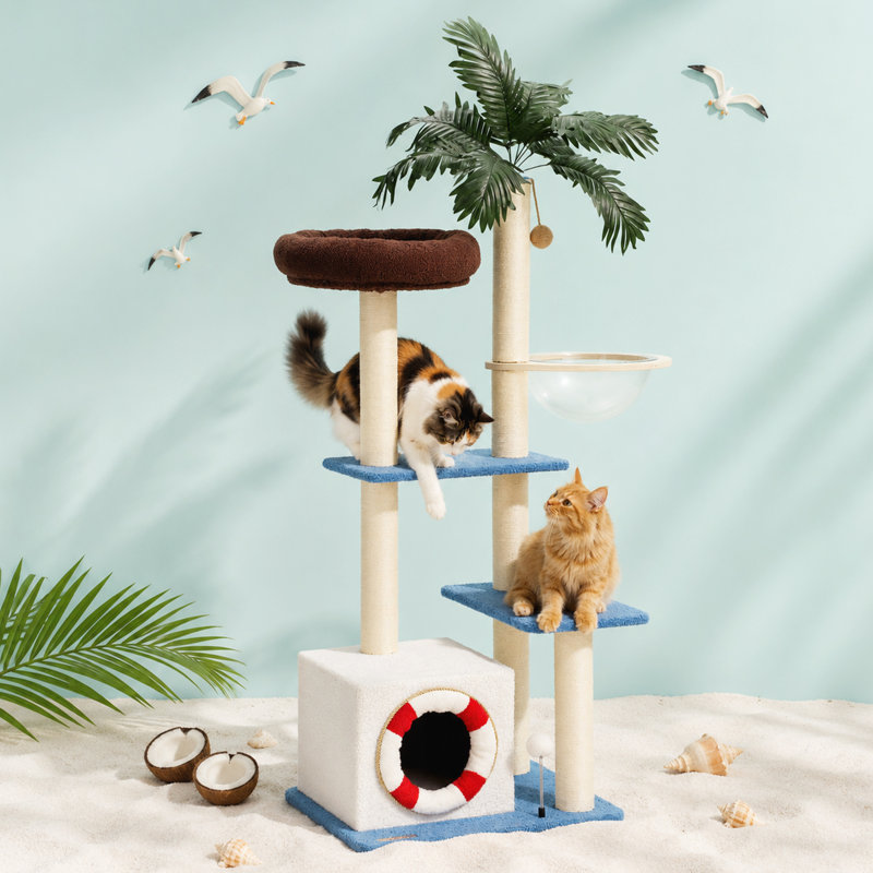 Arbre à chat 53,2 po H Coconut Palm Island pour chats multiples avec plateformes spacieuses, condo confortable et poteaux à griffer en sisal, style vacances tropicales