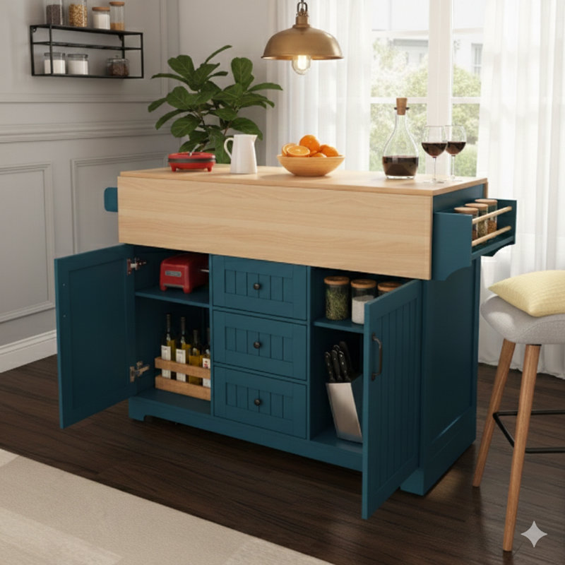 Grand îlot de cuisine de 55,7 pouces équipé de 2 panneaux rabattables, d'un chariot à roulettes à 5 roulettes, d'une prise de courant, d'une table de rangement pliante avec porte-épices et porte-serviettes, 3 tiroirs - fini vert