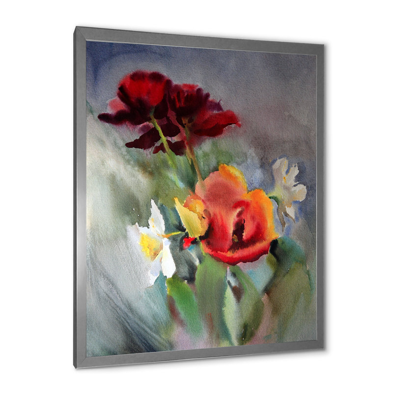 «Blossoming Vibrant Wildflowers», peinture sur toile, H 32 po x l 24 po x P 1,5 po, Toile avec cadre argenté