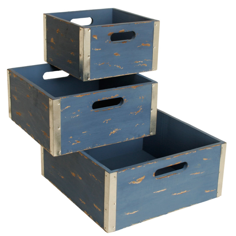 Ensemble de 3 caisses en bois vieilli, Bleu