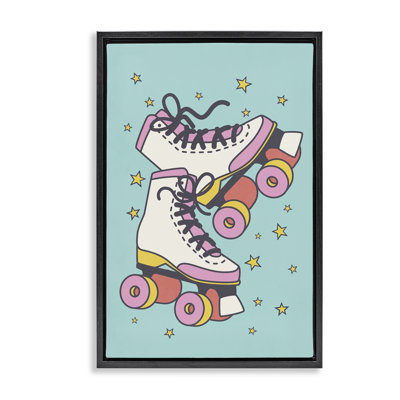 Vintage Roller Skates Gold Framed Floater Canvas by Nataly White