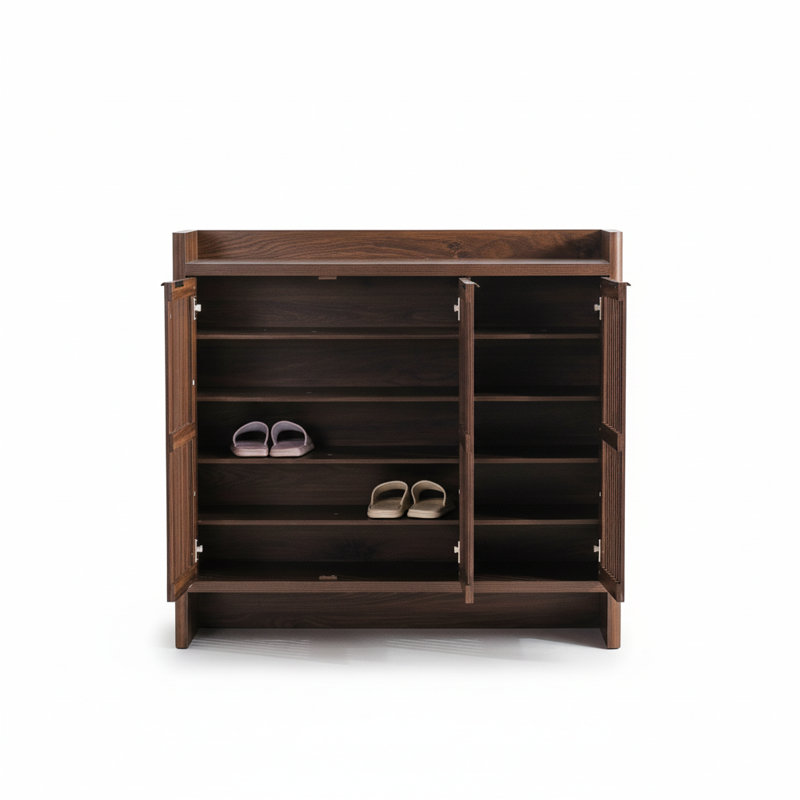 Armoire à chaussures en bois à 5 niveaux Modern Farmhouse avec portes à volets et tablettes réglables - Finition noyer foncé