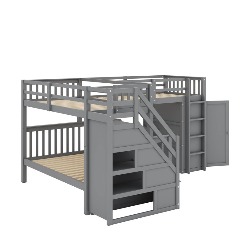 Twin-Twin Over Full L-Shaped Bunk Bed With 3 Drawers, Movable Desk, And Closet, Gray