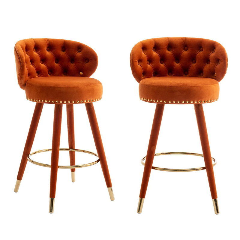 Upholstered Counter Height Bar Stools With Tufted Back, Orange