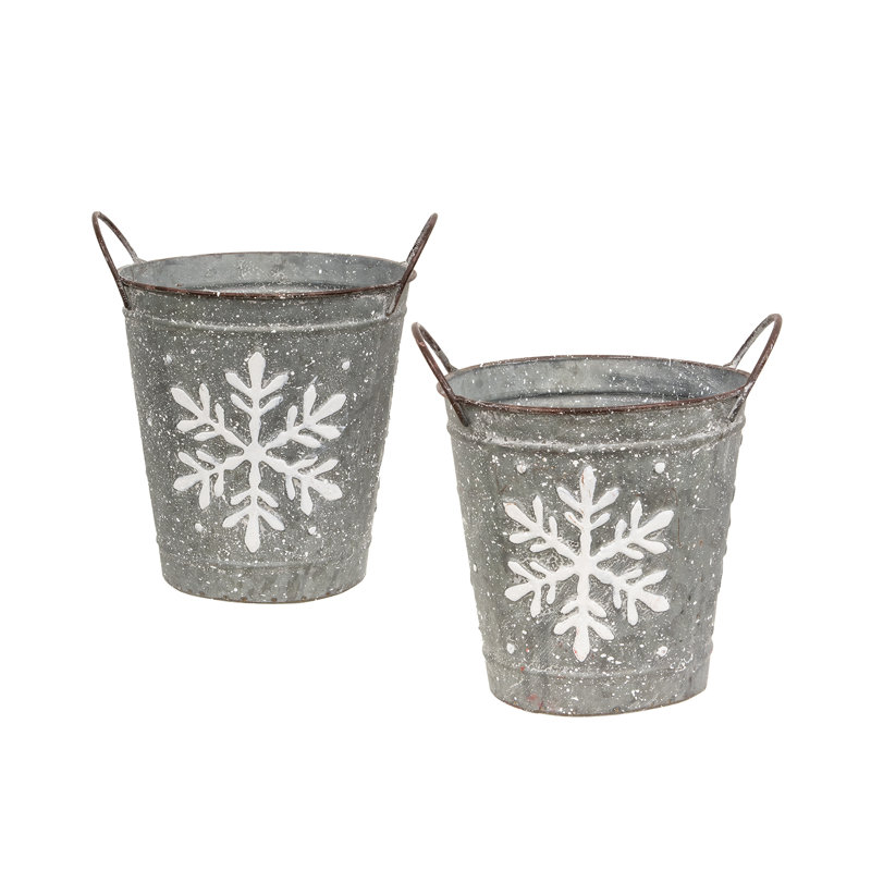 2/Set, White Washed Snowflake Embossed Metal Buckets