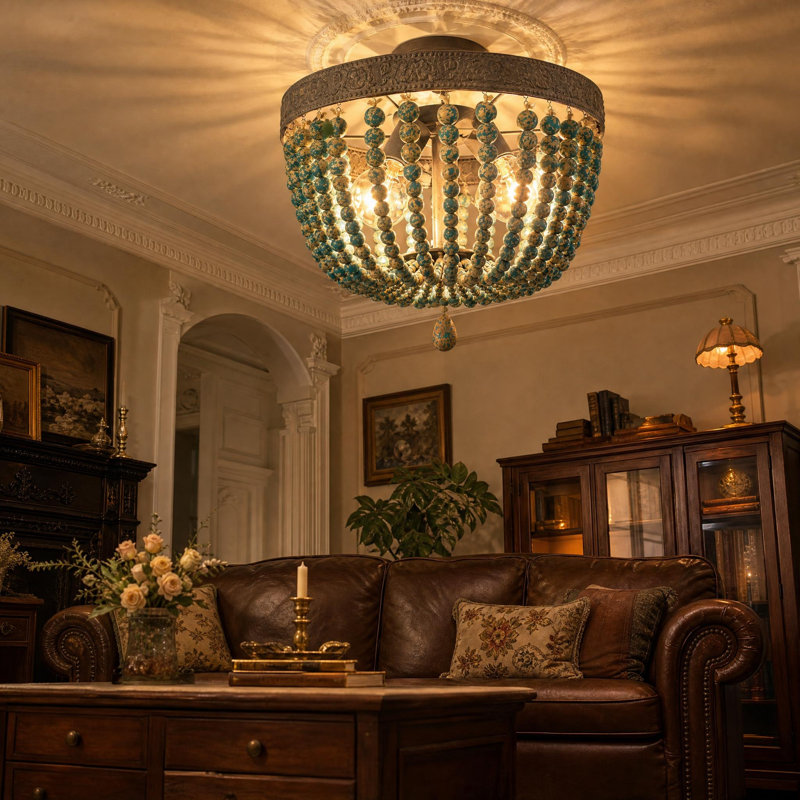 Plafonnier encastré vintage à 3 lumières avec perles de bois, bleu rétro pour la décoration intérieure