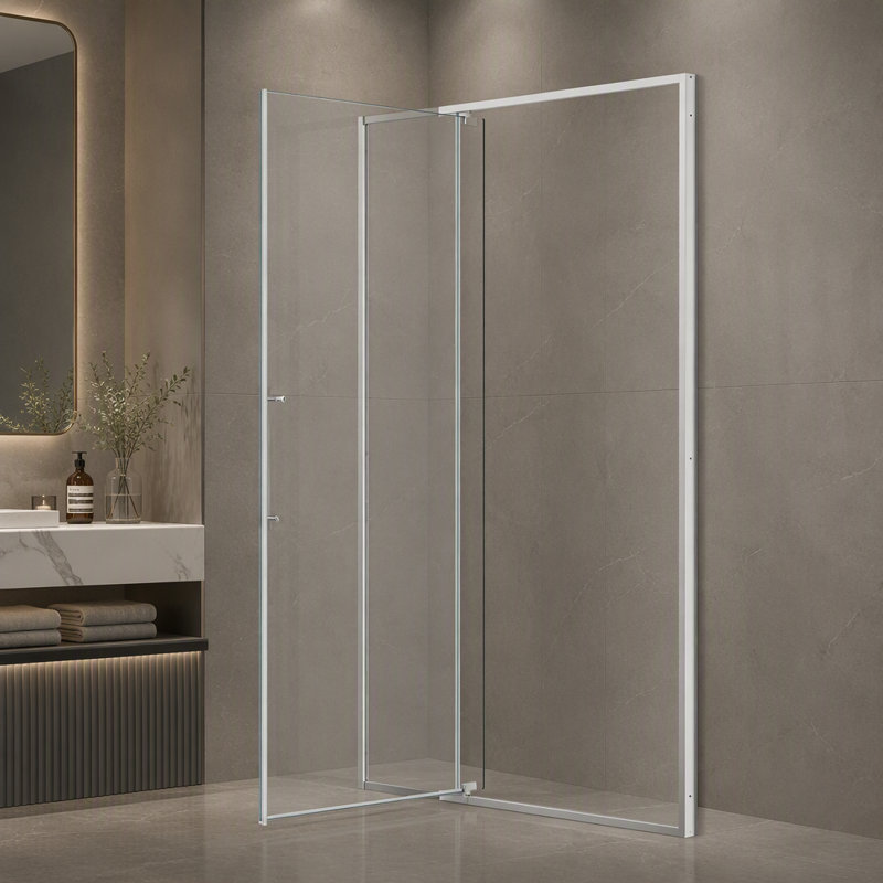 Porte de douche pivotante l 50 à 54 po x H 74 po, ouverte à l'extérieur, arrêt à 105 degrés, avec finition en verre trempé 5/16 po Nickel brossé