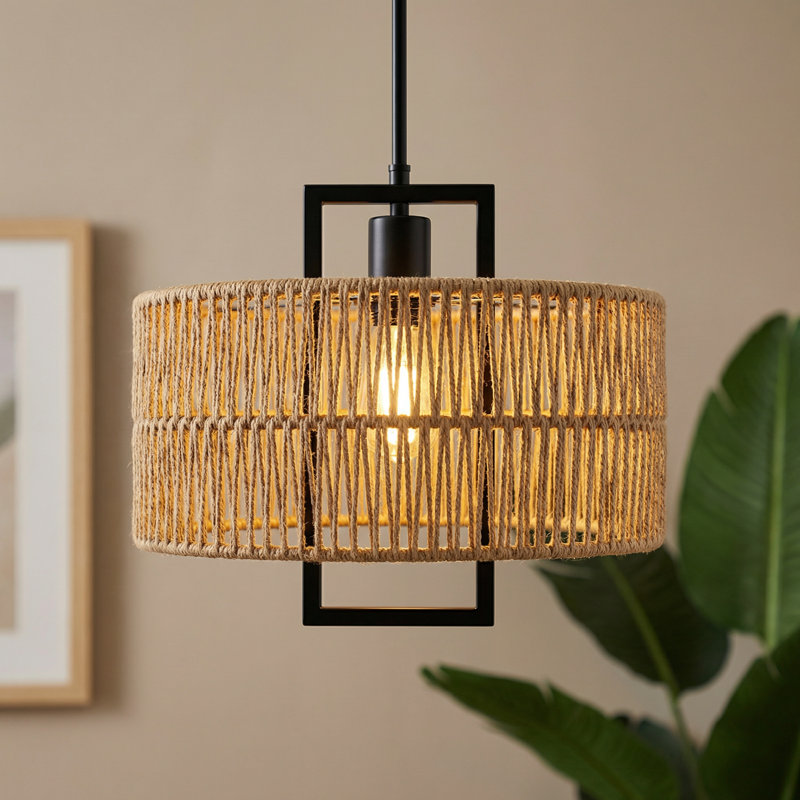 12.6" Hand Woven Rattan Chandelier Boho Adjustable Pendant Light for Kitchen Island Dining Living Room