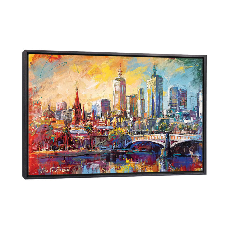 Reproduction d’art, "Melbourne Australia" par Jos Coufreur, H 24 po x l 40 po x P 1,5 po, Toile avec cadre noir patiné