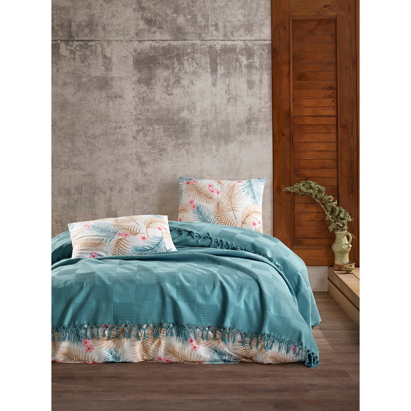 Ensemble de courtepointe 100% coton Marita, Bleu pétrole