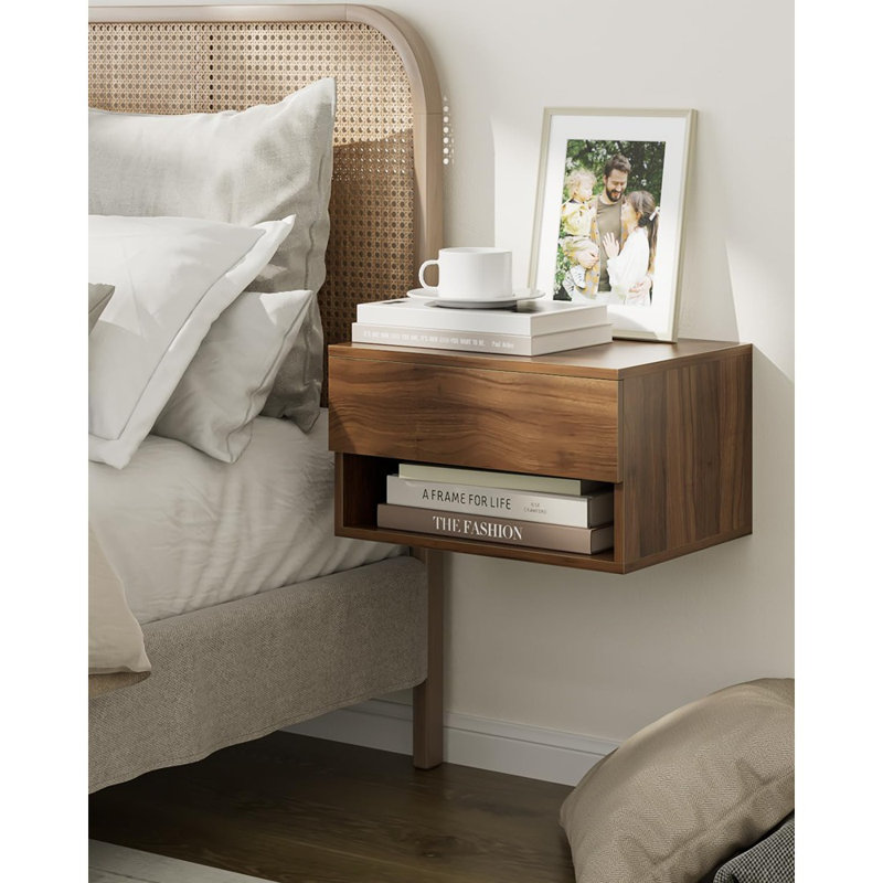 Table de chevet flottante avec tiroir, petite tablette murale moderne, noyer brun