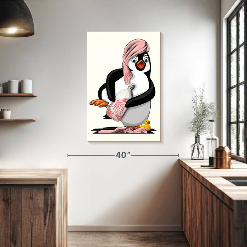 Pingouin nu dans la salle de bain, H 39 po x l 26 po