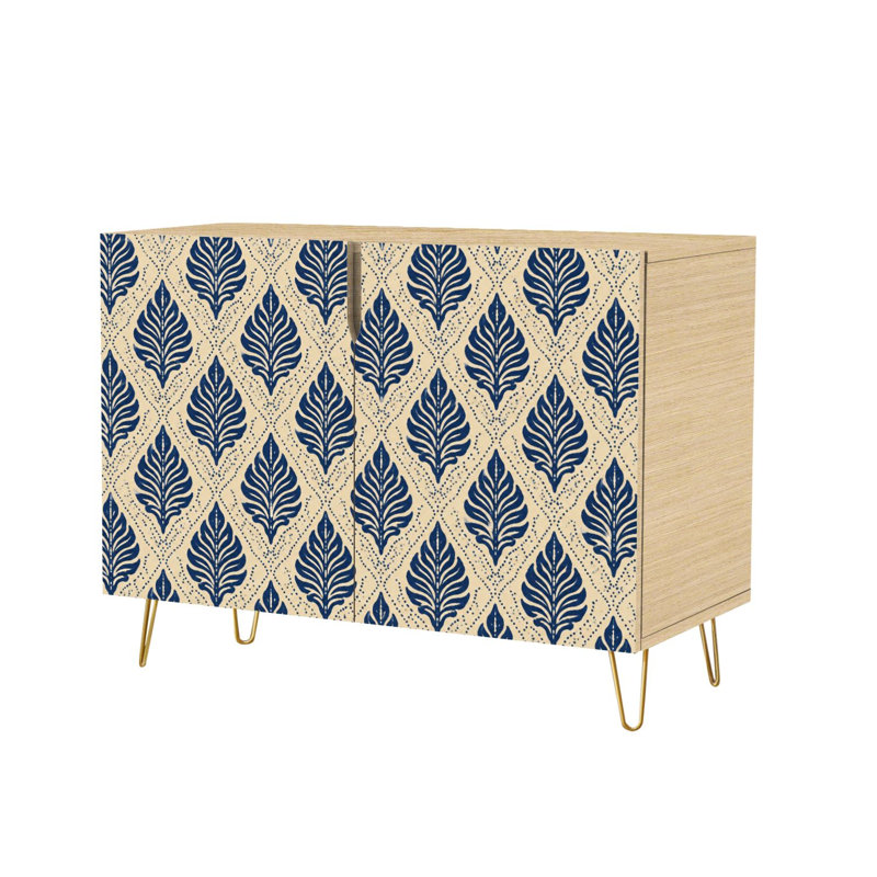 Buffet Buffet avec rangement à motif de feuilles bleues rétro botanique beige avec 2 portes pour le salon et la cuisine