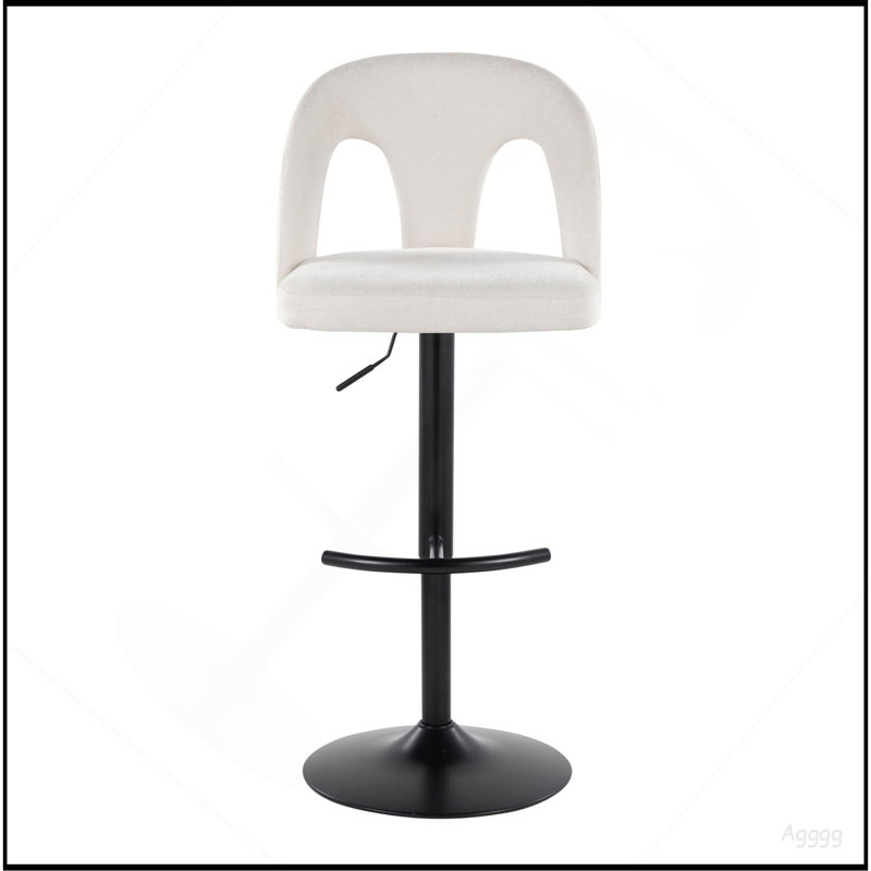 Tabouret de bar réglable en métal noir et tissu blanc neige avec repose-pieds arrondi en T - ensemble de 2, Tissu blanc, Noir