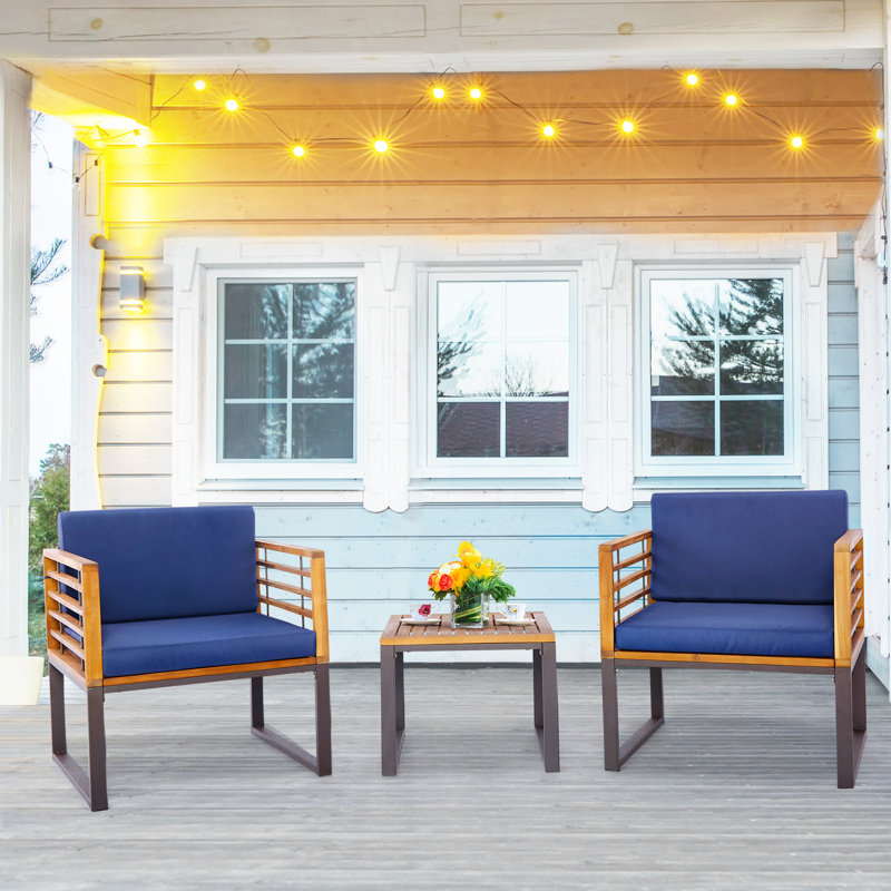 Ensemble de conversation 3 pièces en bois d'acacia de patio avec fauteuils rembourrés