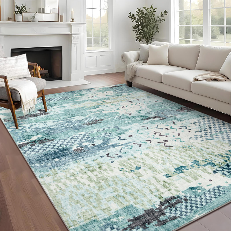 5'x7' Boho Abstract Machine Washable Area Rug with Non-Slip Rubber Backing - Low-Pile, Stain Resistant Carpet for Bedroom, Living Room