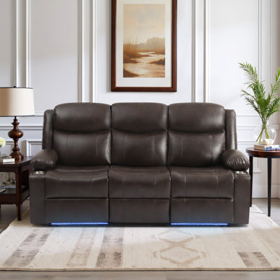 80" Pu Power Reclining Sofa With Led Lighting, Usb/type-c, Storage & Cup Holders – Brown, For Home Theater Or Living Room