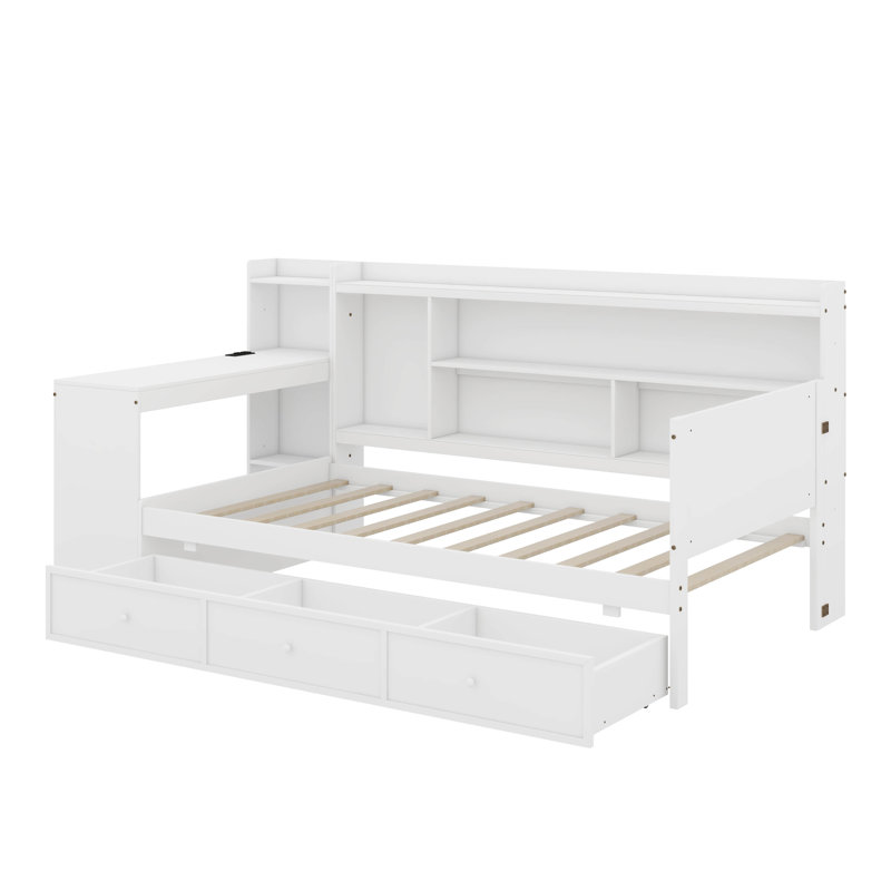 Wooden Daybed With 3 Drawers, USB Ports And Desk, Twin, White