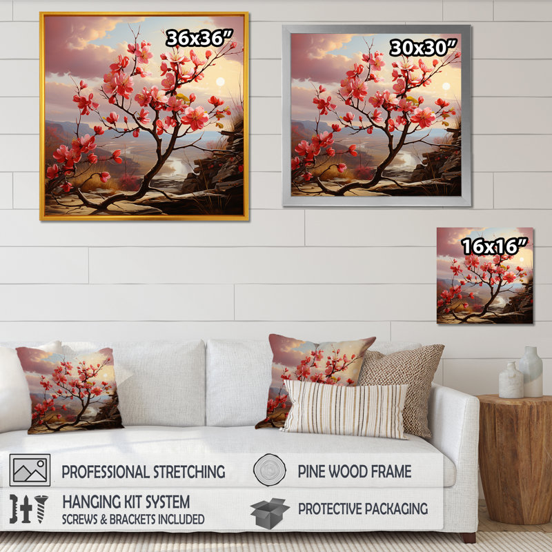 «Cliffside Apple Blossom Blooms - Plants & Flowers», reproduction d'art murale, Cadre doré simple, H 16 po x l 16 po x P 1 po