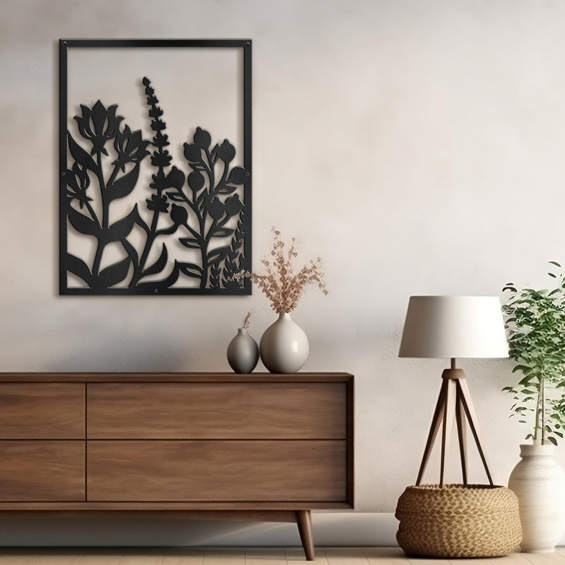 Décoration murale en métal Botanical Flowers Minimalist Modern Abstract, H 30 po x l 22,56 po x P 0,05 po, Noir